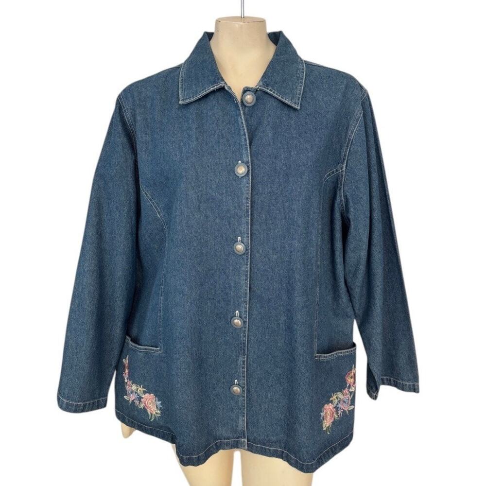 VTG TUDOR COURT Denim Chore Jacket Floral embroidered pockets SZ 2X
